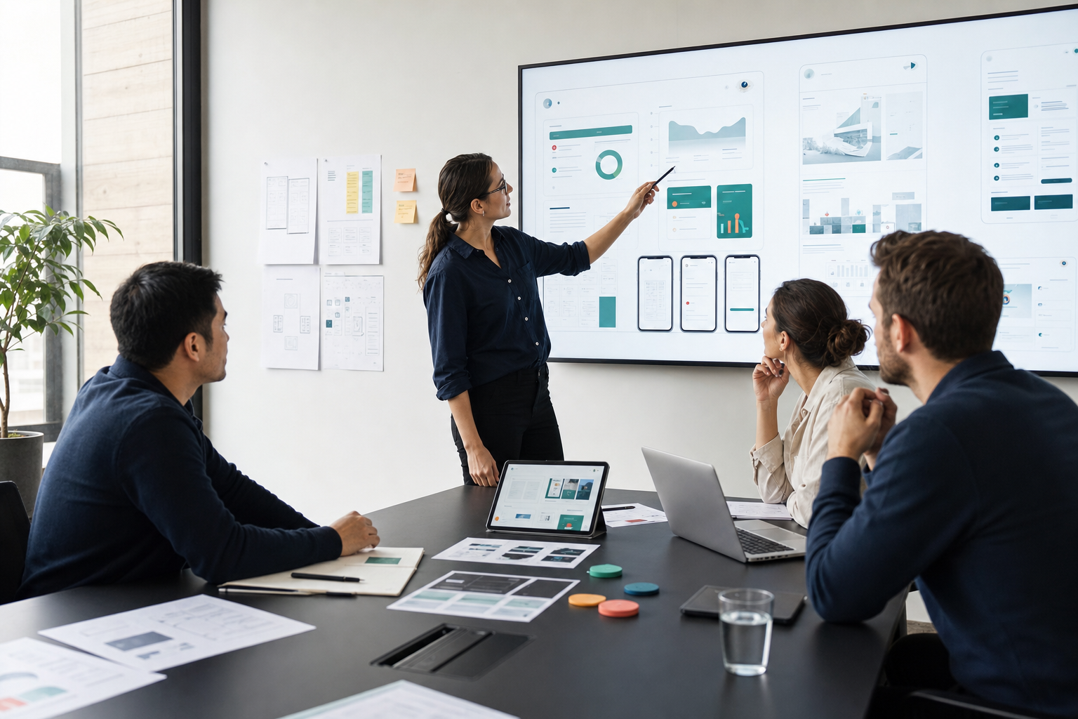 A product team reviewing interface designs and working software together