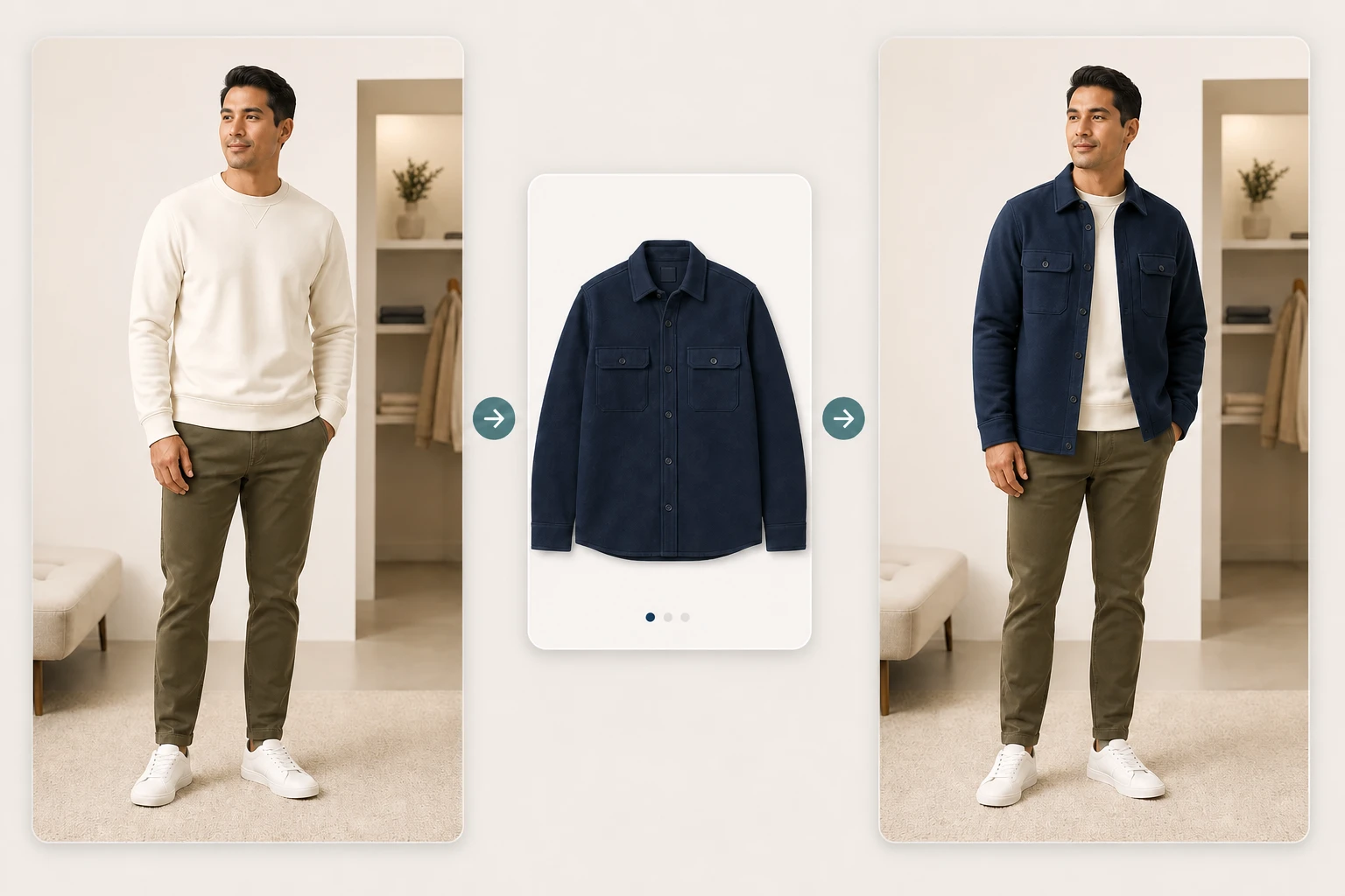Yevron apparel virtual try-on AI preview showing a fully dressed male shopper before and after wearing a navy jacket.
