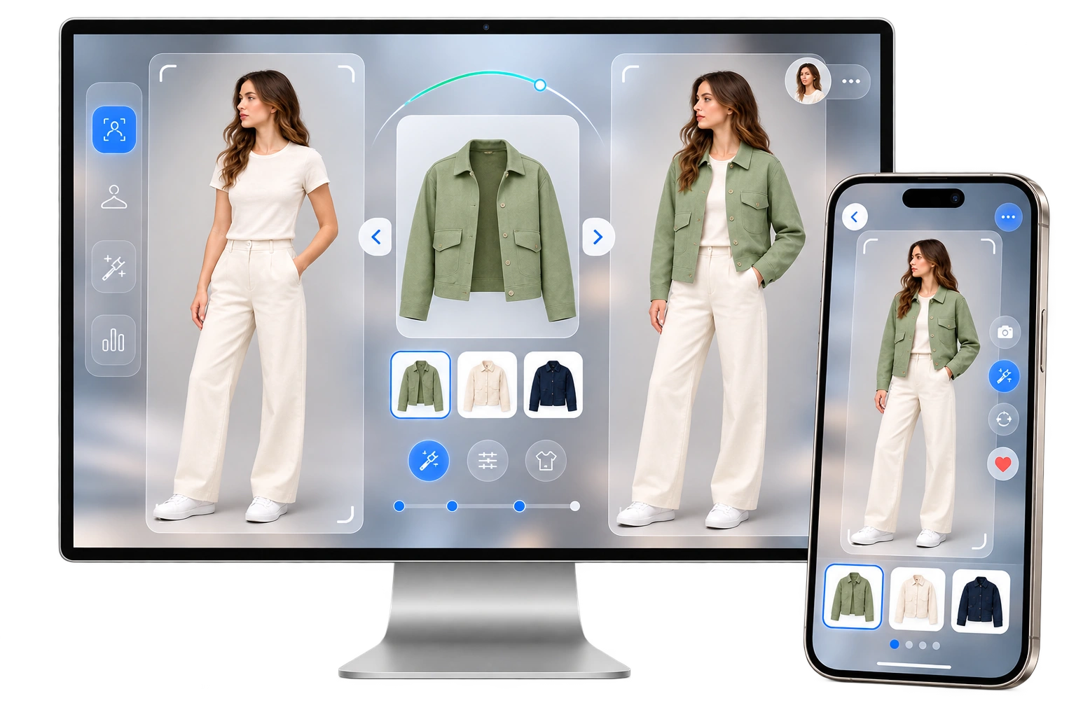 Yevron custom virtual try-on AI development for website and mobile app showing a shopper before and after wearing a green jacket