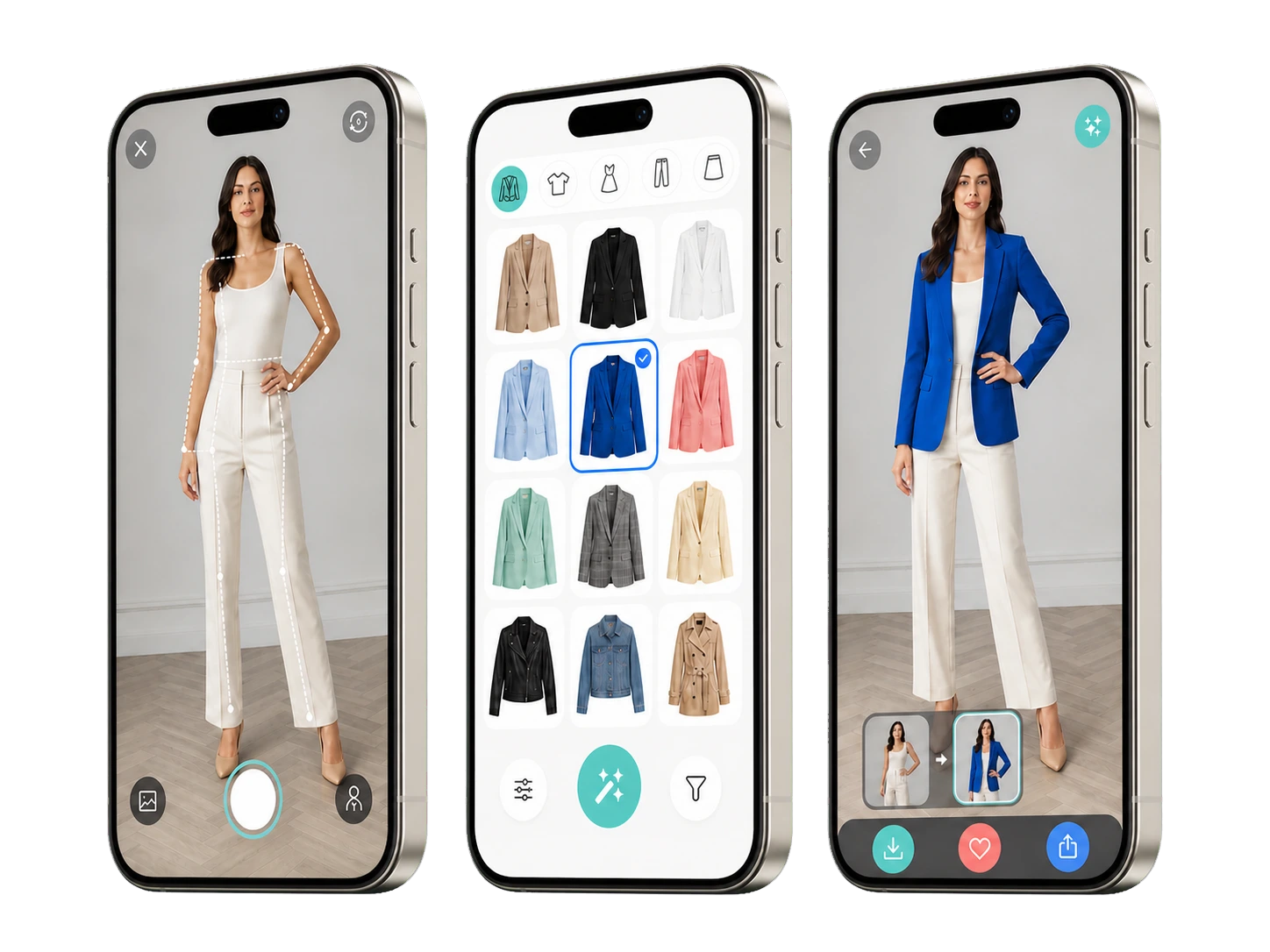 Yevron mobile app virtual try-on AI experience for iOS and Android showing photo capture, blue blazer selection, and generated result