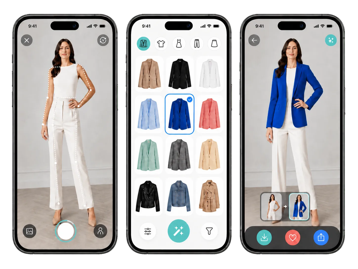 Yevron mobile app virtual try-on AI interface for tablet and mobile showing shopper capture, blue blazer selection, and generated try-on result