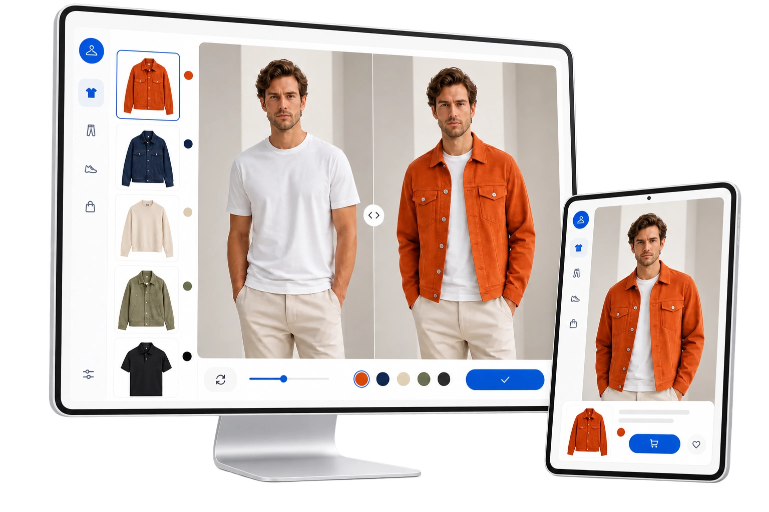 Yevron website virtual try-on AI ecommerce experience showing a fully dressed shopper before and after wearing an orange jacket