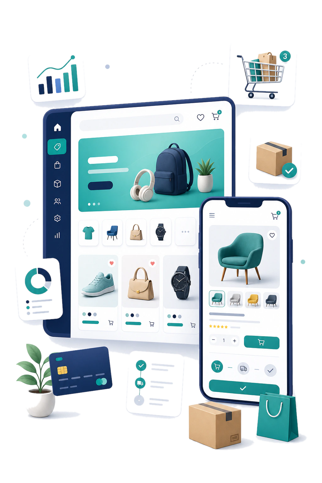 Yevron ecommerce development services with online store, product, checkout, order, and mobile shopping interfaces
