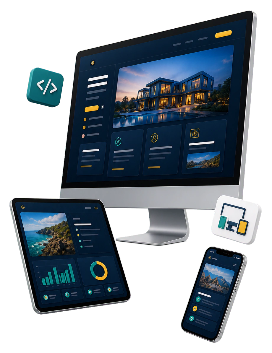 Yevron responsive website development services shown across desktop, tablet, and mobile devices